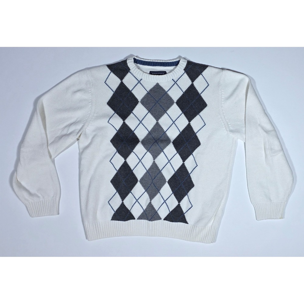 Saddlebred Mens Argyle Crewneck Sweater White Grey Blue 100% Cotton Large